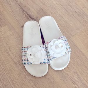 Chanel Multicolor Tweed Camellia Slide size 38